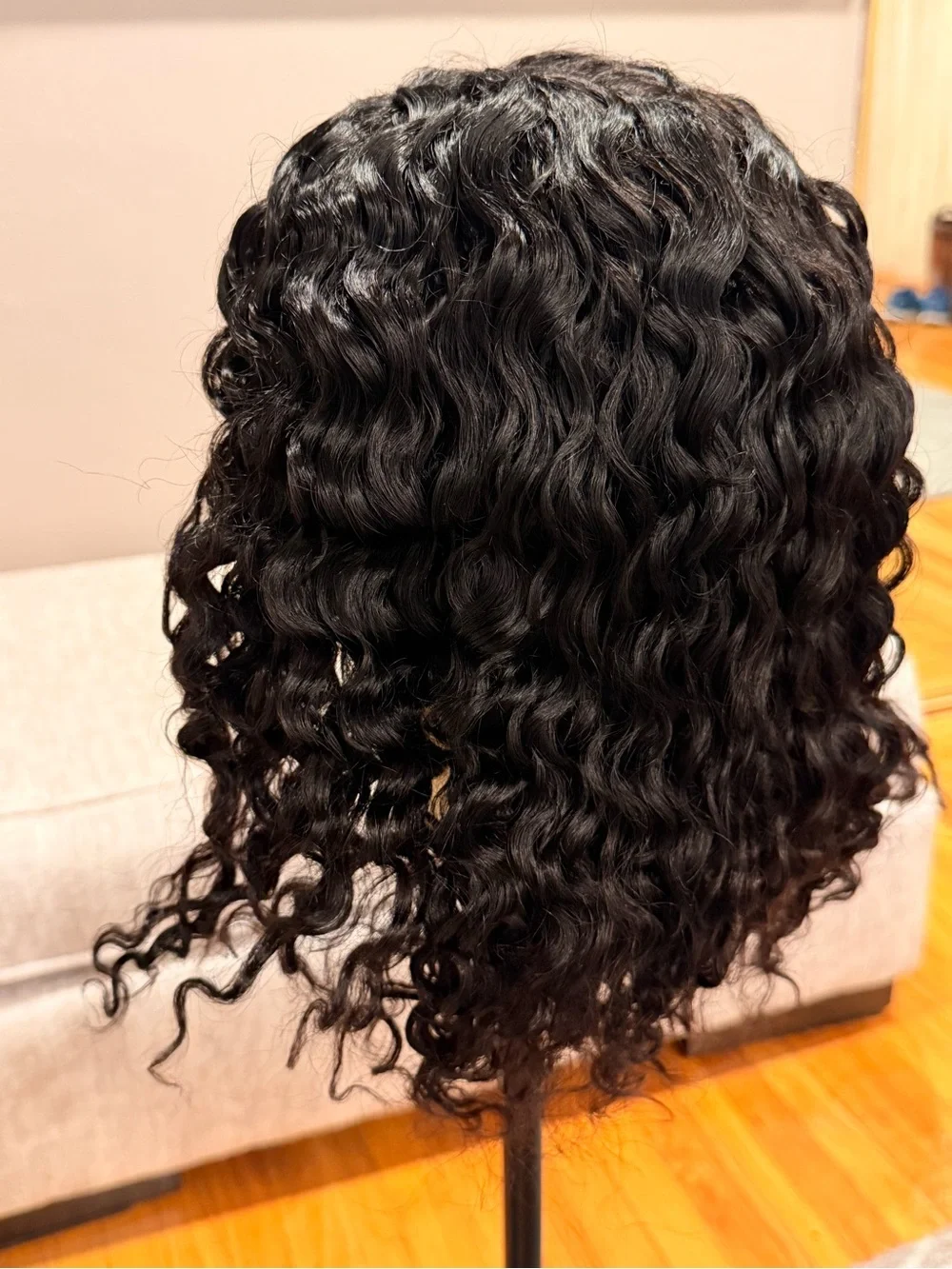 16” Natural Black Water Wave Human Hair Bob Wig 2x6 HD Lace Front 200% Den #231